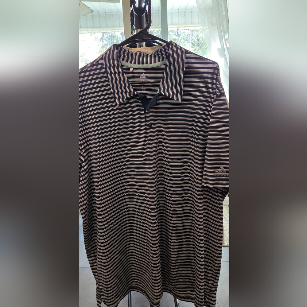 Adidas Navy and White Striped Golf Polo 2XL